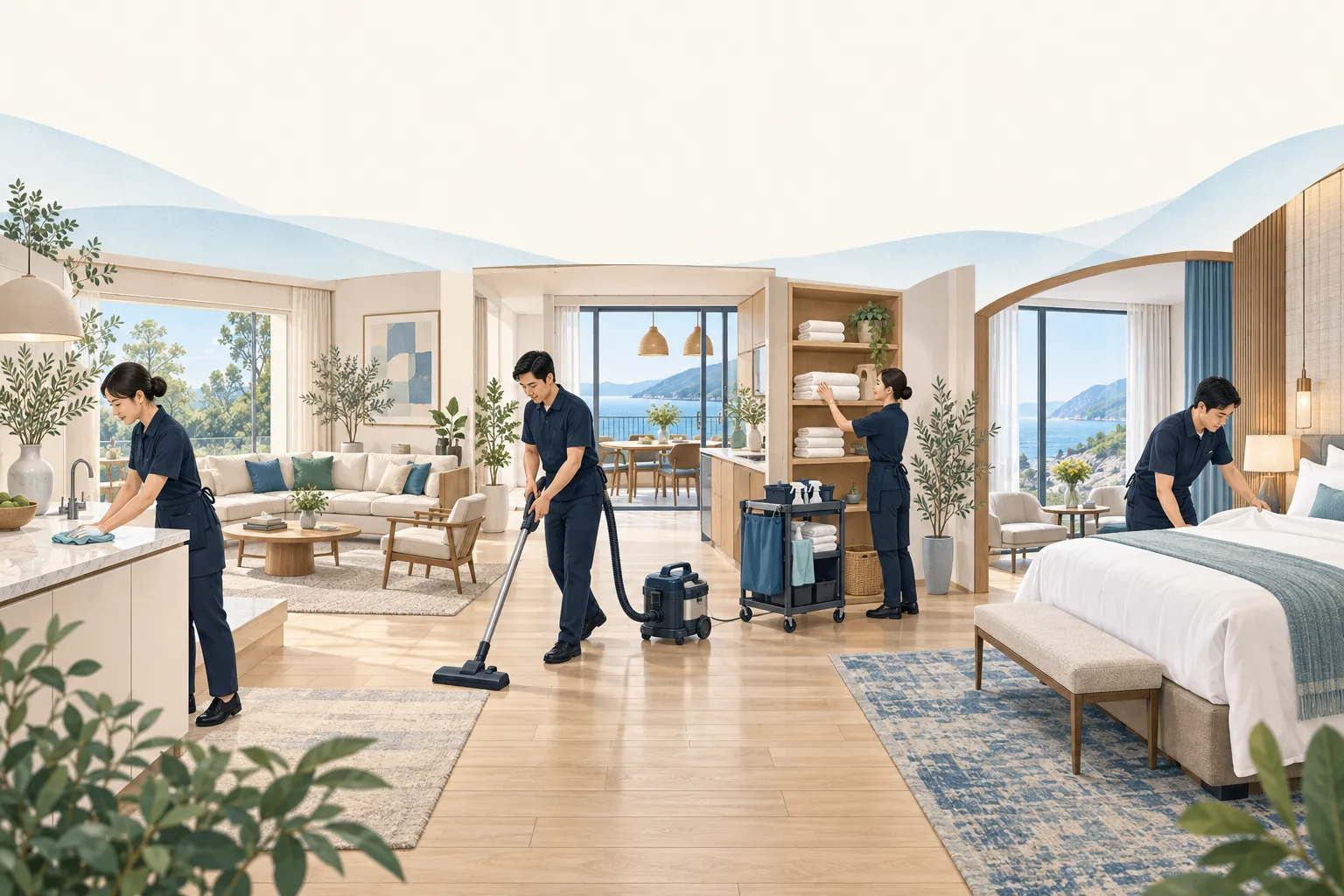 ホテルの客室、民泊の部屋、ご家庭のリビングで、紺色の制服のスタッフが掃除機がけ・ベッドメイク・拭き掃除・タオルの補充をしているイラスト