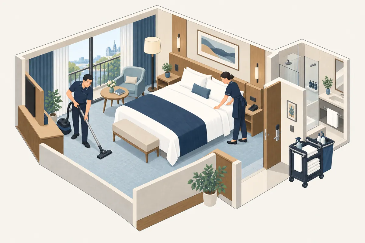 ホテルの客室で2人のスタッフがベッドメイクと掃除機がけをしているイラスト