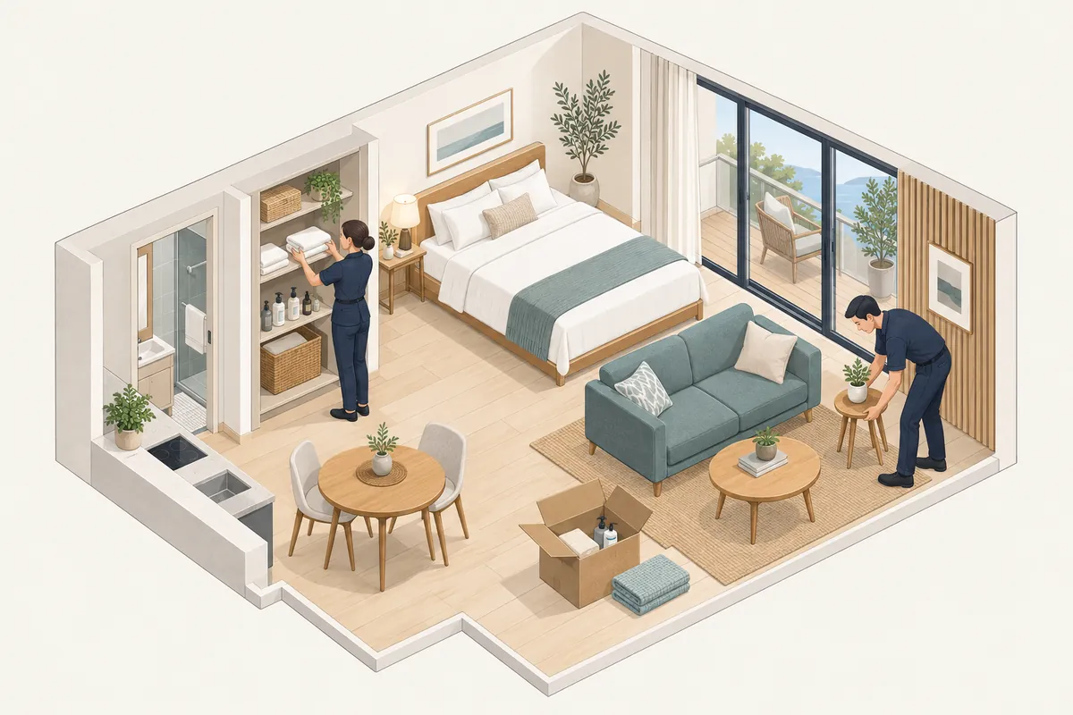 民泊用のワンルームで、スタッフがタオルや備品を棚に並べ、家具を配置しているイラスト