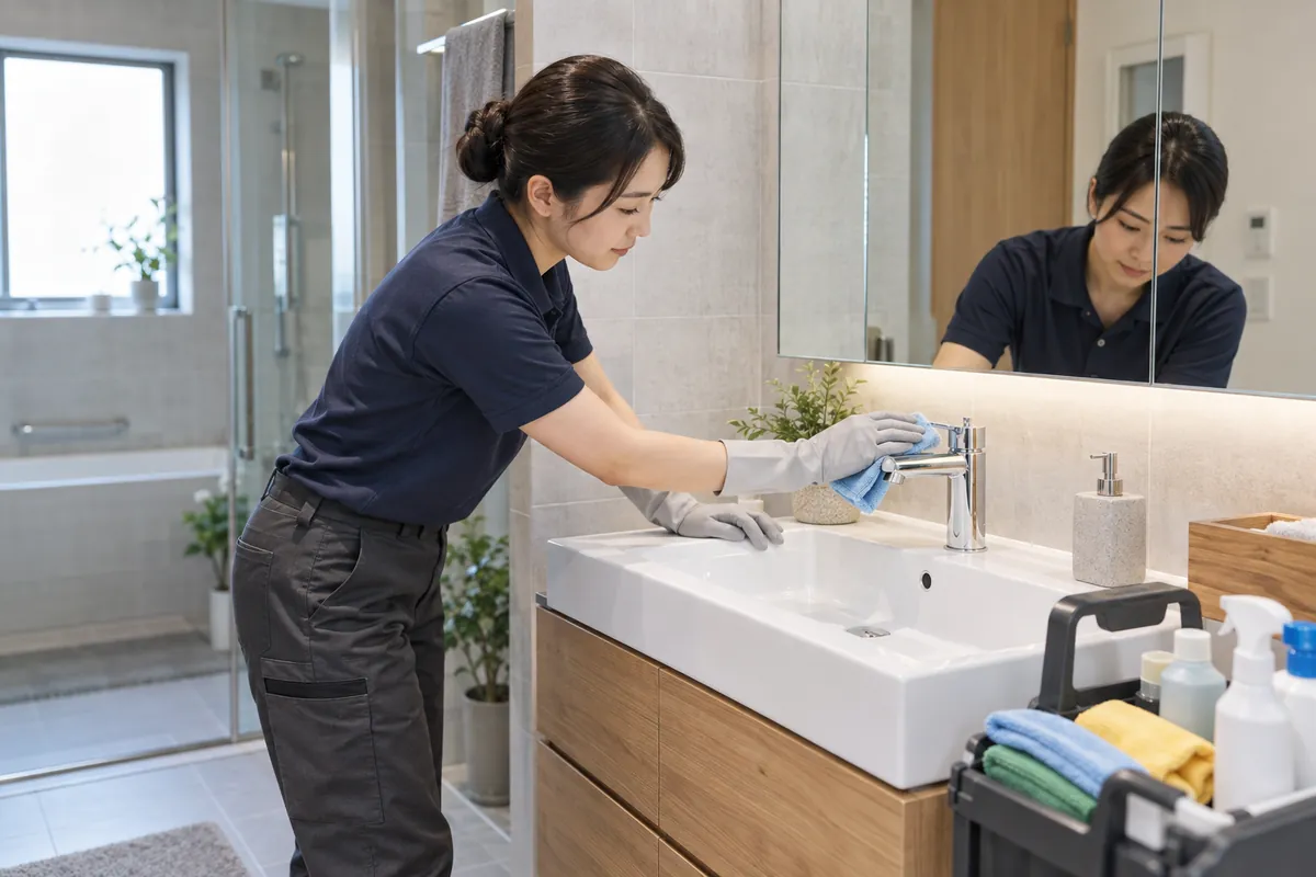 手袋をしたスタッフが、洗面台の蛇口をクロスで丁寧に磨いている様子